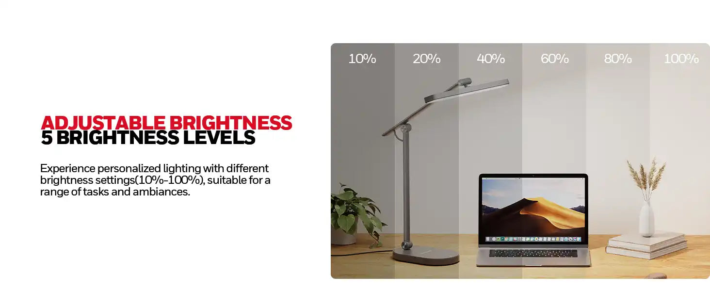 Modern desk lamp with adjustable brightness settings ranging from 10% to 100%.