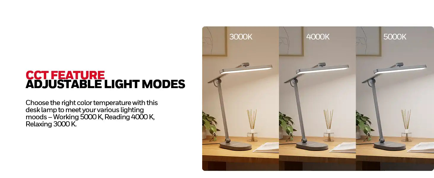 Desk lamp showing three different color temperature settings at 3000K, 4000K, and 5000K.