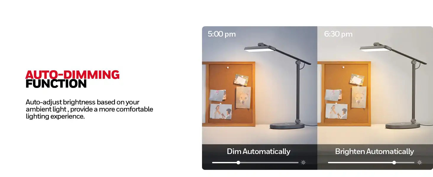 Modern desk lamp with auto-dimming functionality shown in two lighting settings.