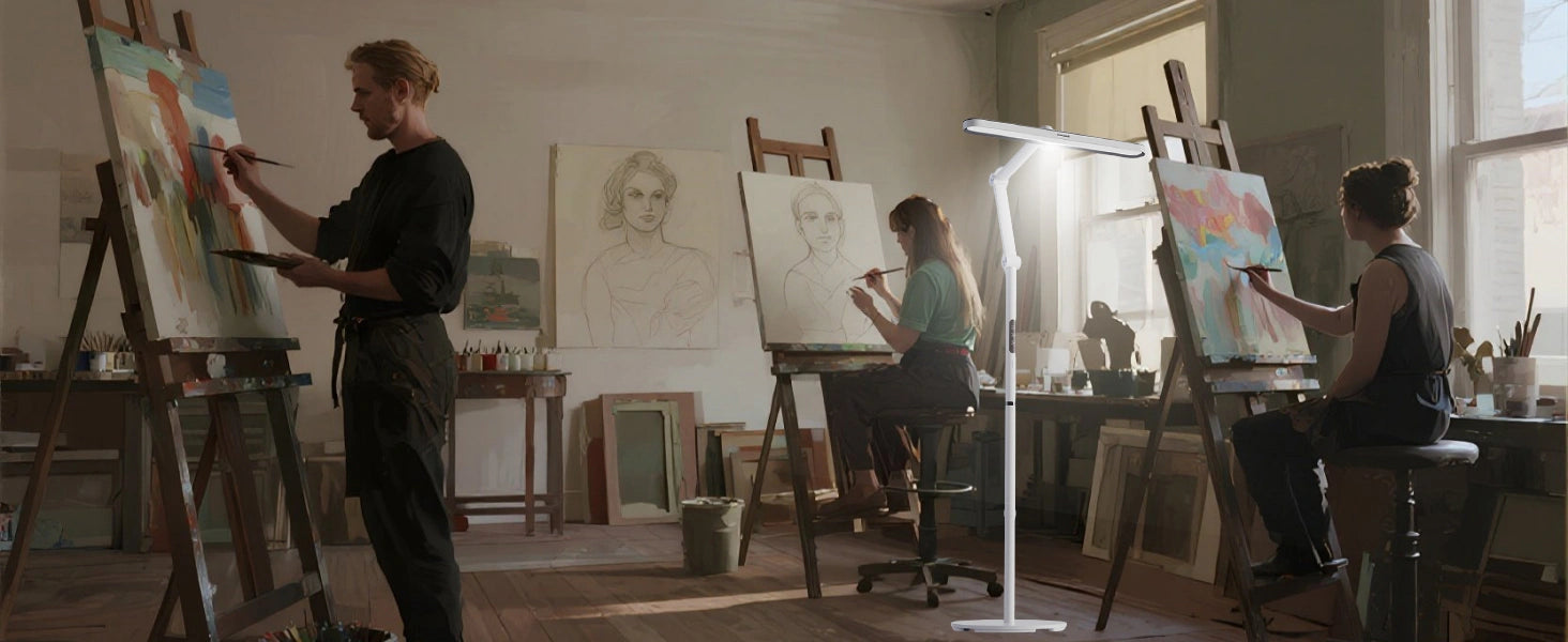 Adjustable artist floor lamp showing height and angle positioning for optimal workspace lighting