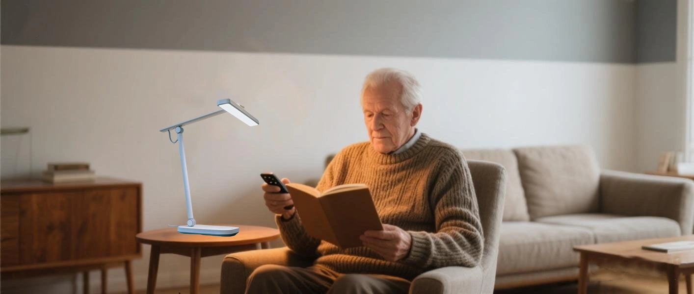 Flexible Schreibtischlampe mit warmem Licht auf dem Nachttisch einer älteren Person für nächtliche Sicherheit