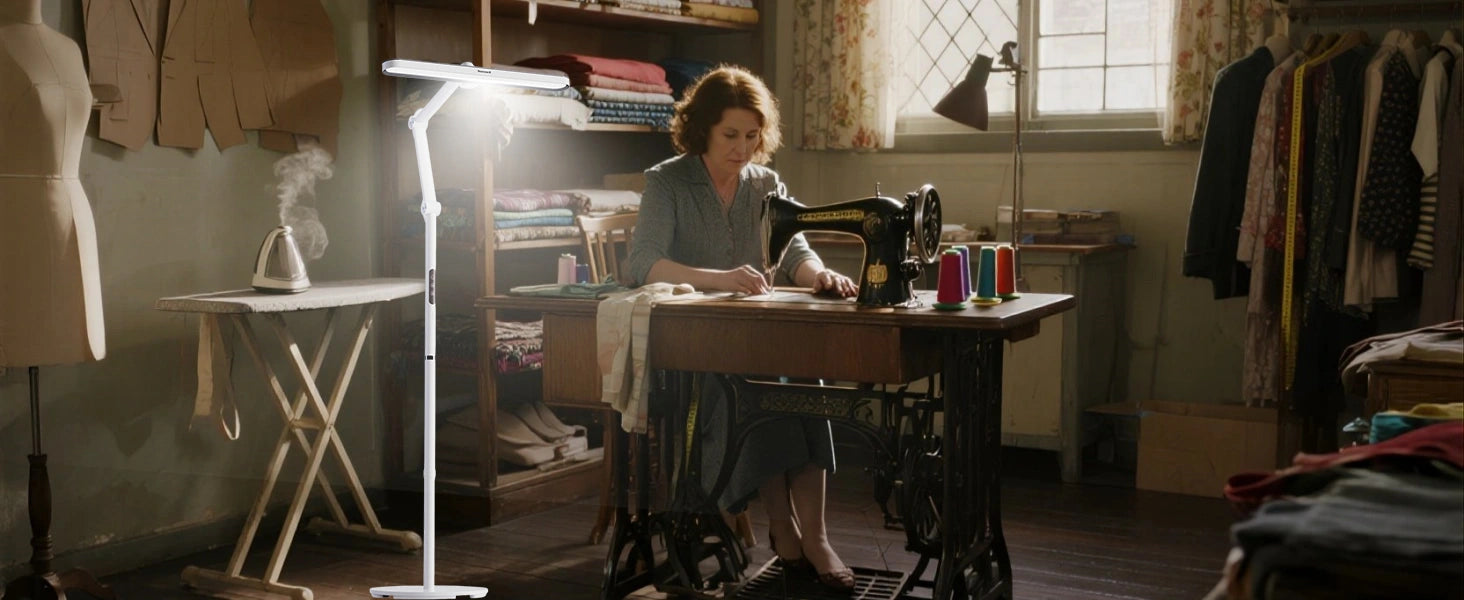 Adjustable floor lamp providing even lighting for large quilting project