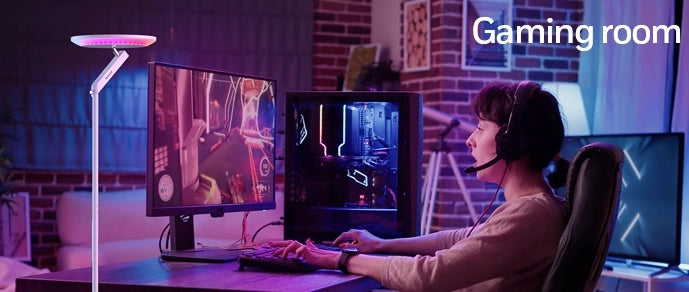 F2 floor lamp creating ambient lighting in gaming corner with console setup