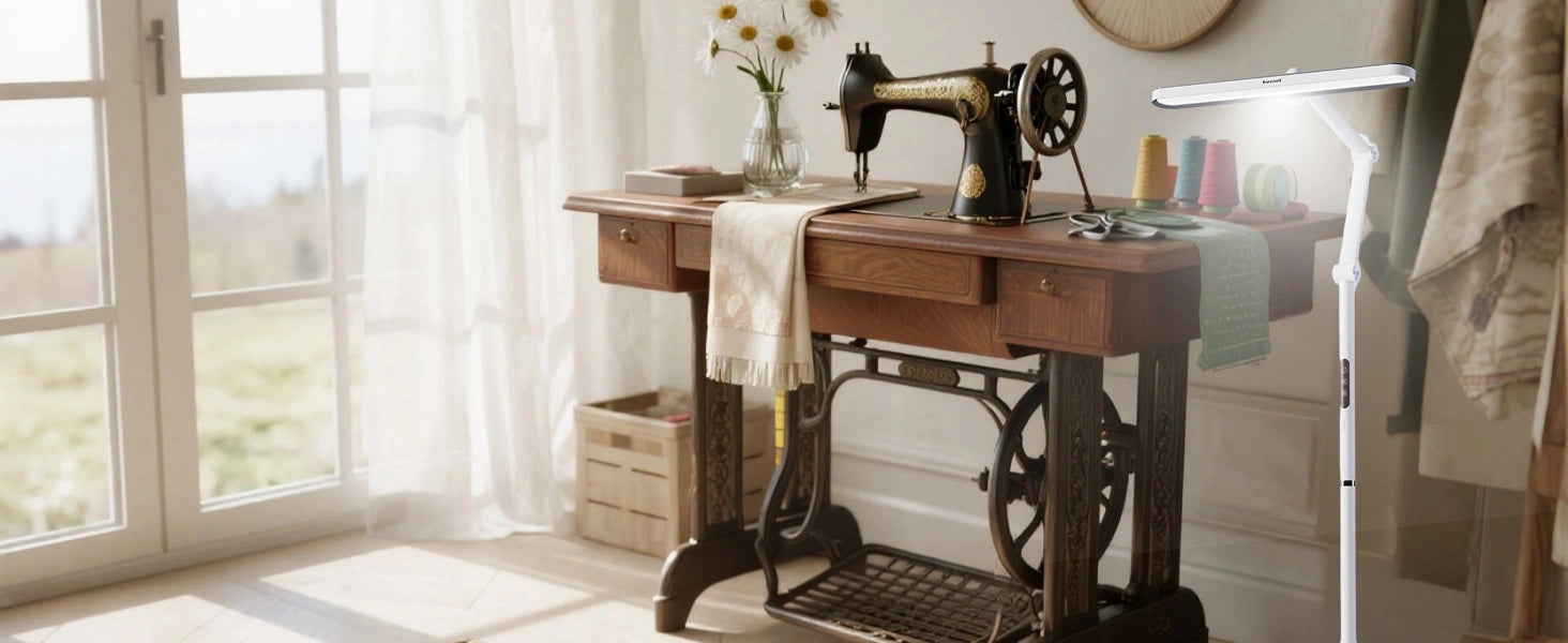 Daylight floor lamp illuminating detailed embroidery hoop on wooden table