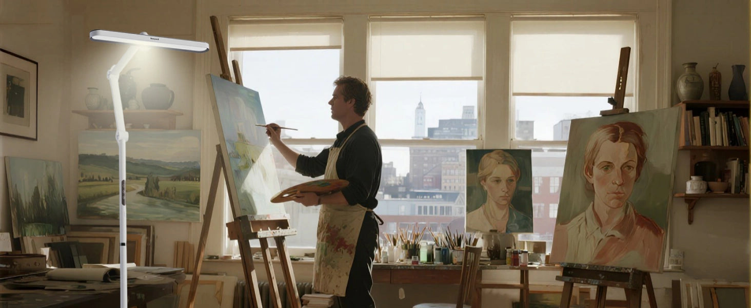 Artist easel professionally illuminated with daylight lamp for accurate color mixing and detail work