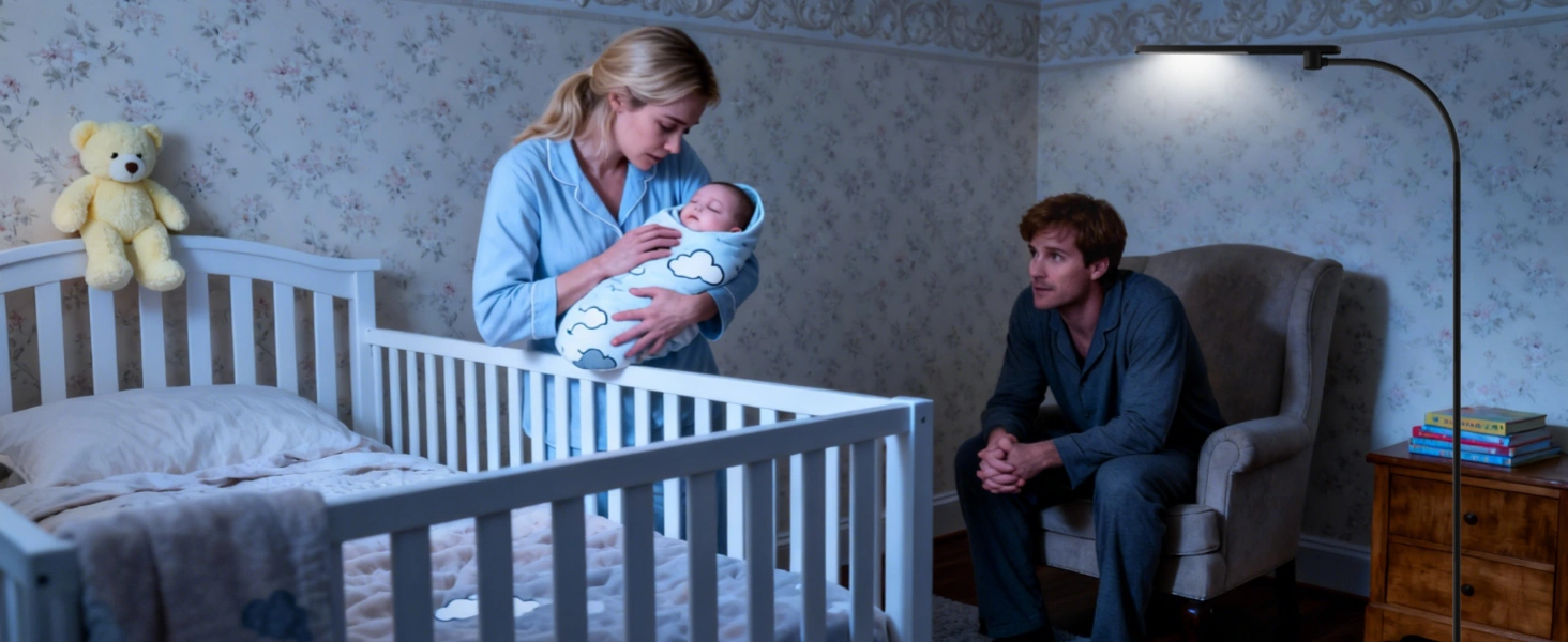 Peaceful infant sleeping in crib with dim warm light creating calm nighttime environment