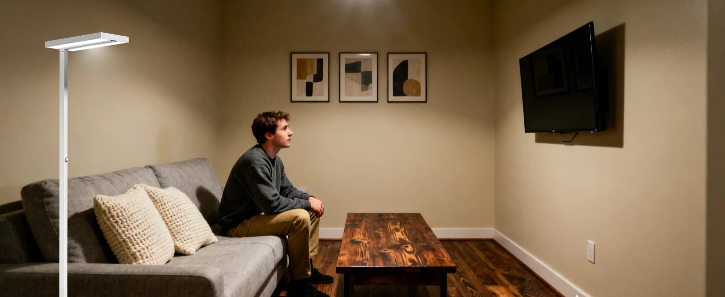 Windowless basement room transformation using Honeywell 02E natural daylight floor lamp comparison