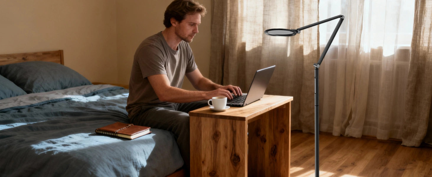 Höhenverstellbare Stehlampe, die flexible Positionierung für verschiedene Arbeitspositionen auf Sofa und Sessel demonstriert