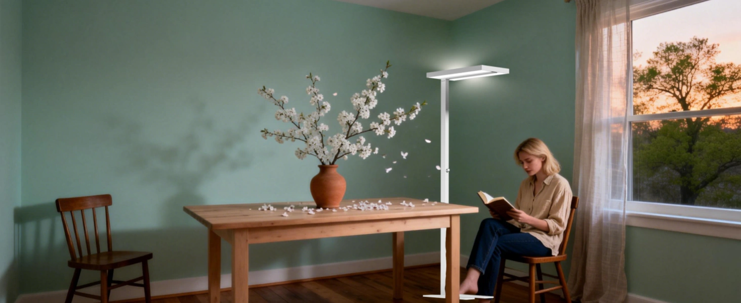 Best floor lamp for minimalist interior design placed beside a reading chair in a studio space