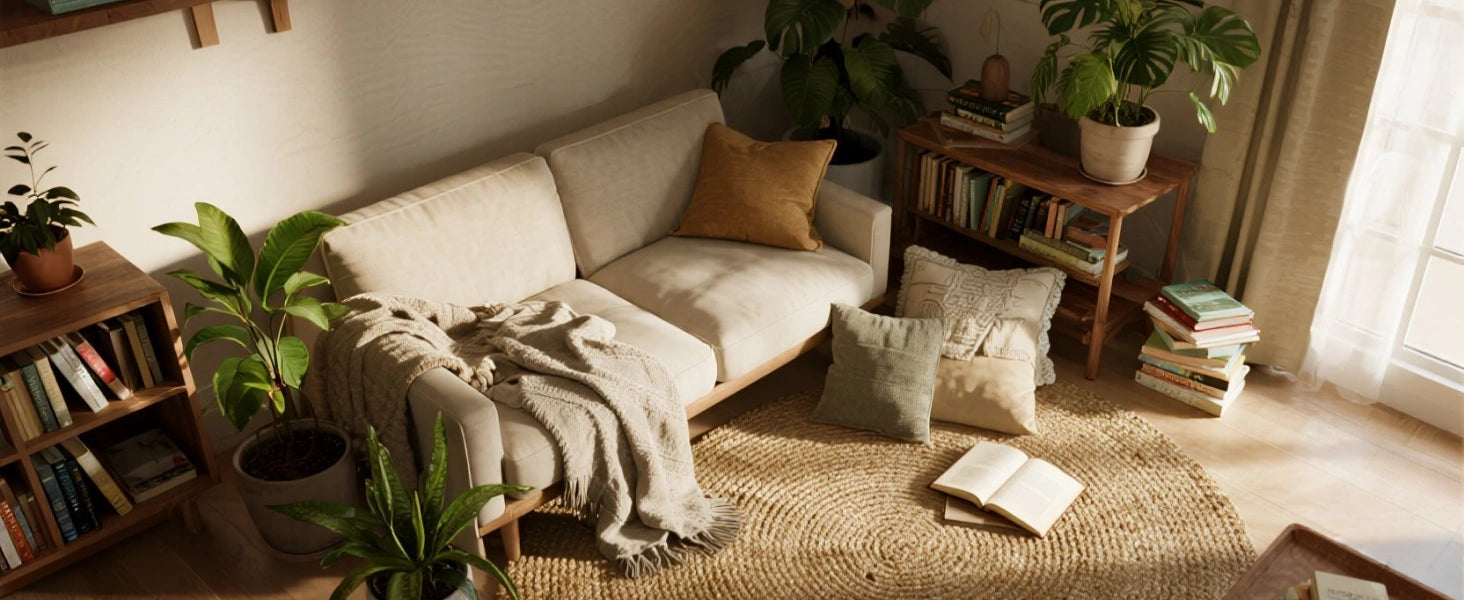 Reading nook with floor lamp illuminating green plants and natural wood furniture