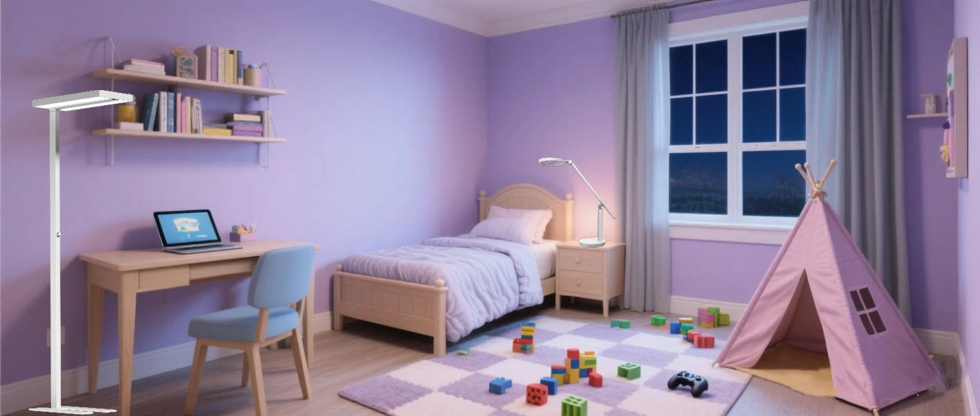 Child-safe RG0 certified Honeywell 02E floor lamp in nursery providing gentle full spectrum lighting for healthy development