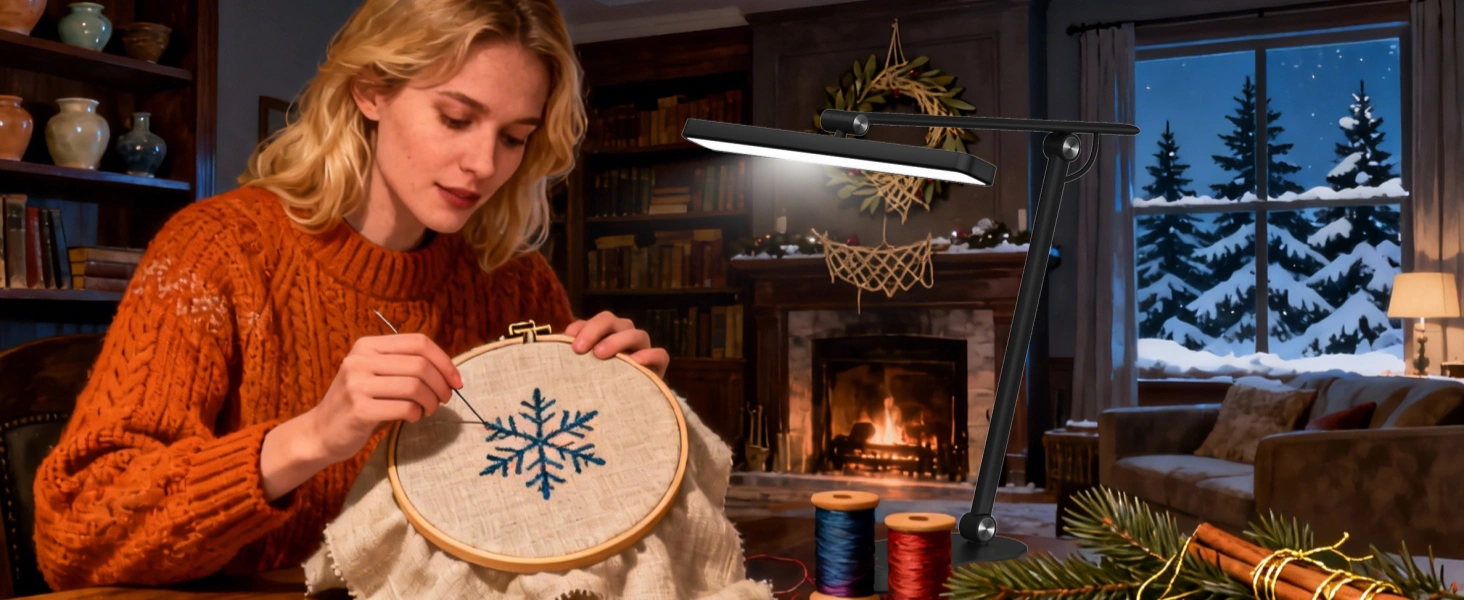 Crafting table with natural daylight lamp illuminating holiday DIY materials including ribbons, ornaments, and wreath supplies