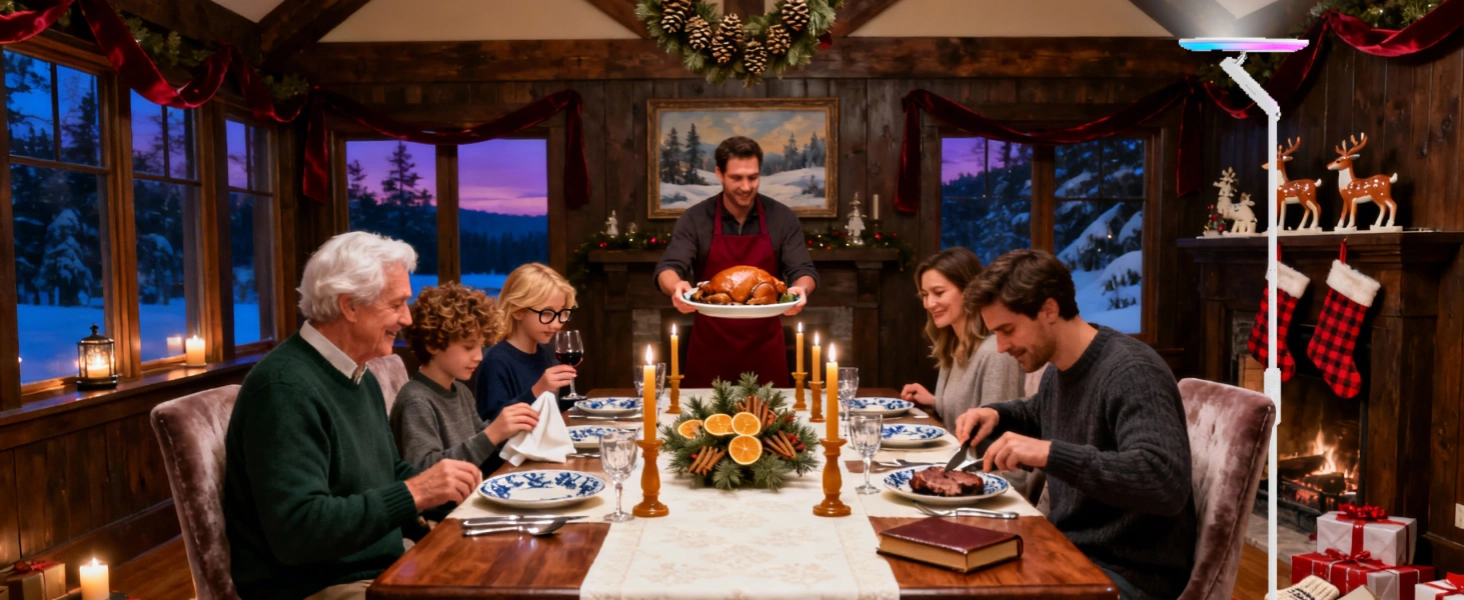 Sapin de Noël avec éclairage coordonné de la pièce créant une ambiance festive de vacances
