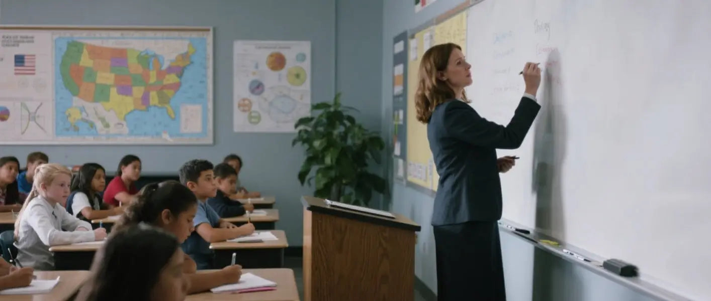 Adjustable LED desk lamp illuminating a teacher’s notes on a classroom podium