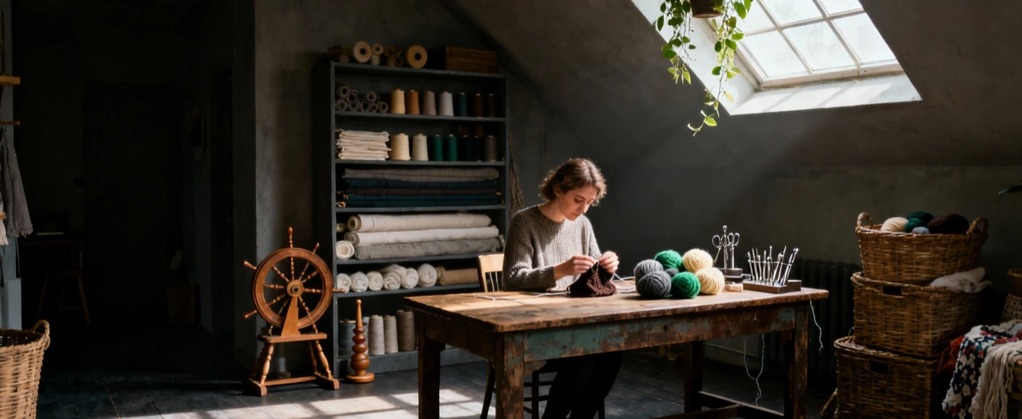 在全光谱落地灯下，拼布工使用彩色织物进行准确的颜色匹配