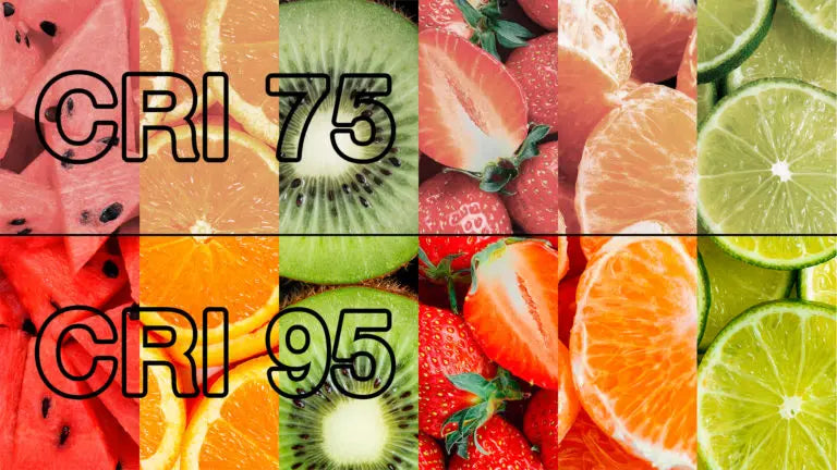 Vergleich der Beleuchtung mit hohem CRI, der Farbunterschiede zwischen natürlichem und künstlichem Licht zeigt