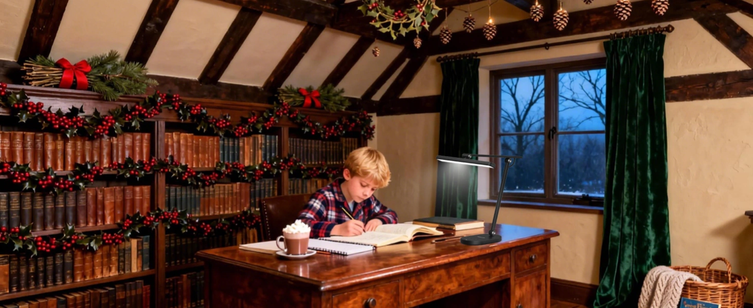 High CRI desk lamp illuminating children's homework with accurate color rendering