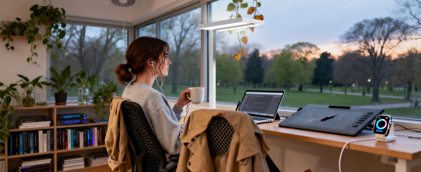 Sunturalux full-spectrum LED floor lamp providing natural daylight quality for reading and focus