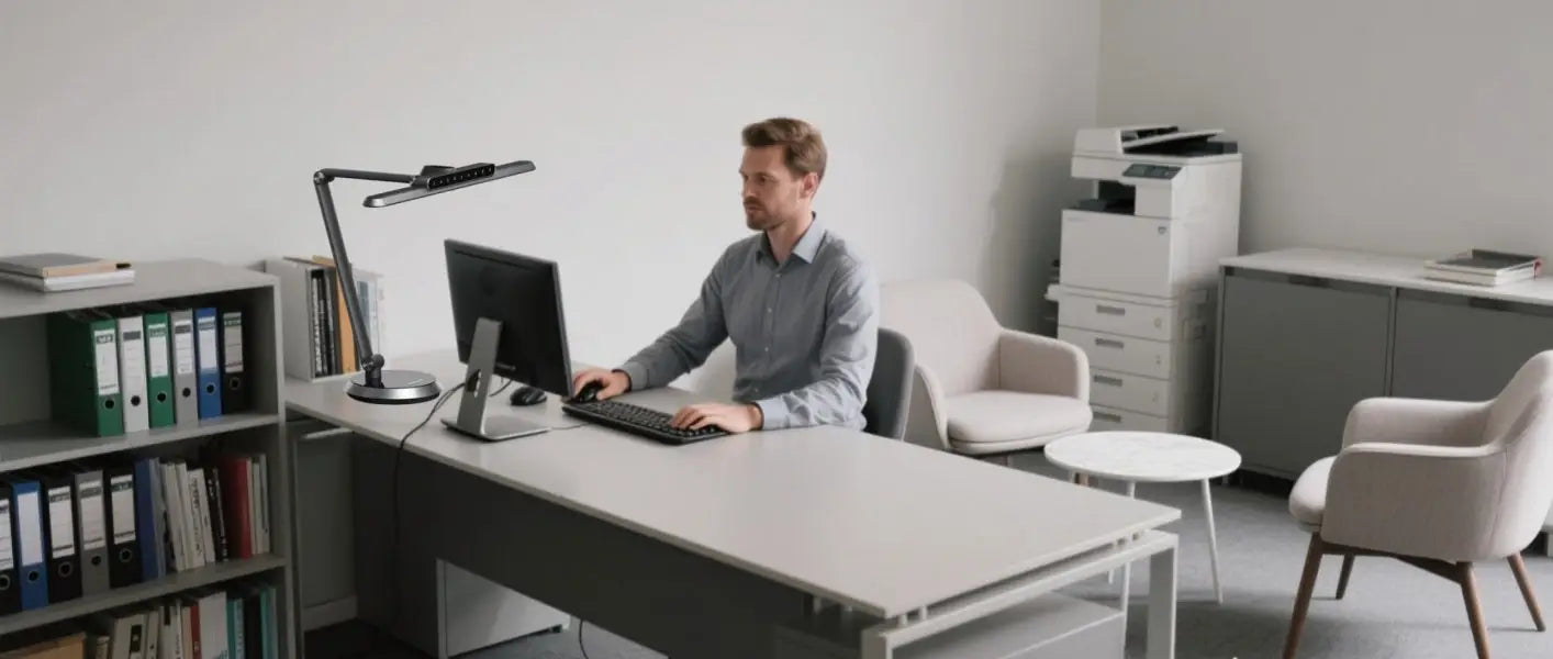 Diagramme technique montrant les angles et distances d'éclairage optimaux pour les postes de travail des designers