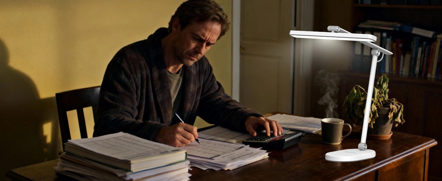 Lampada da scrivania a LED che riduce il contrasto intorno allo schermo per un lavoro al computer confortevole in una stanza buia