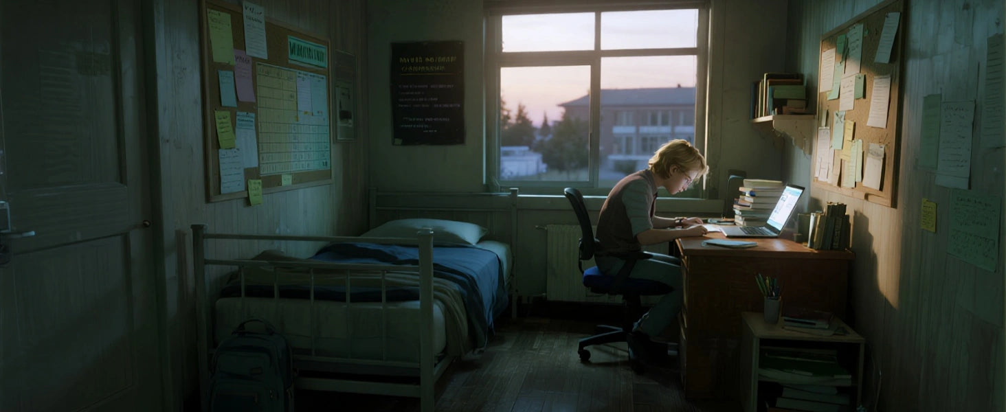 College dorm room desk with proper LED lighting setup for late night studying