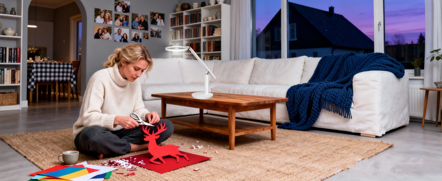 Craft workspace with upward and downward lighting creating uniform illumination across large holiday project table