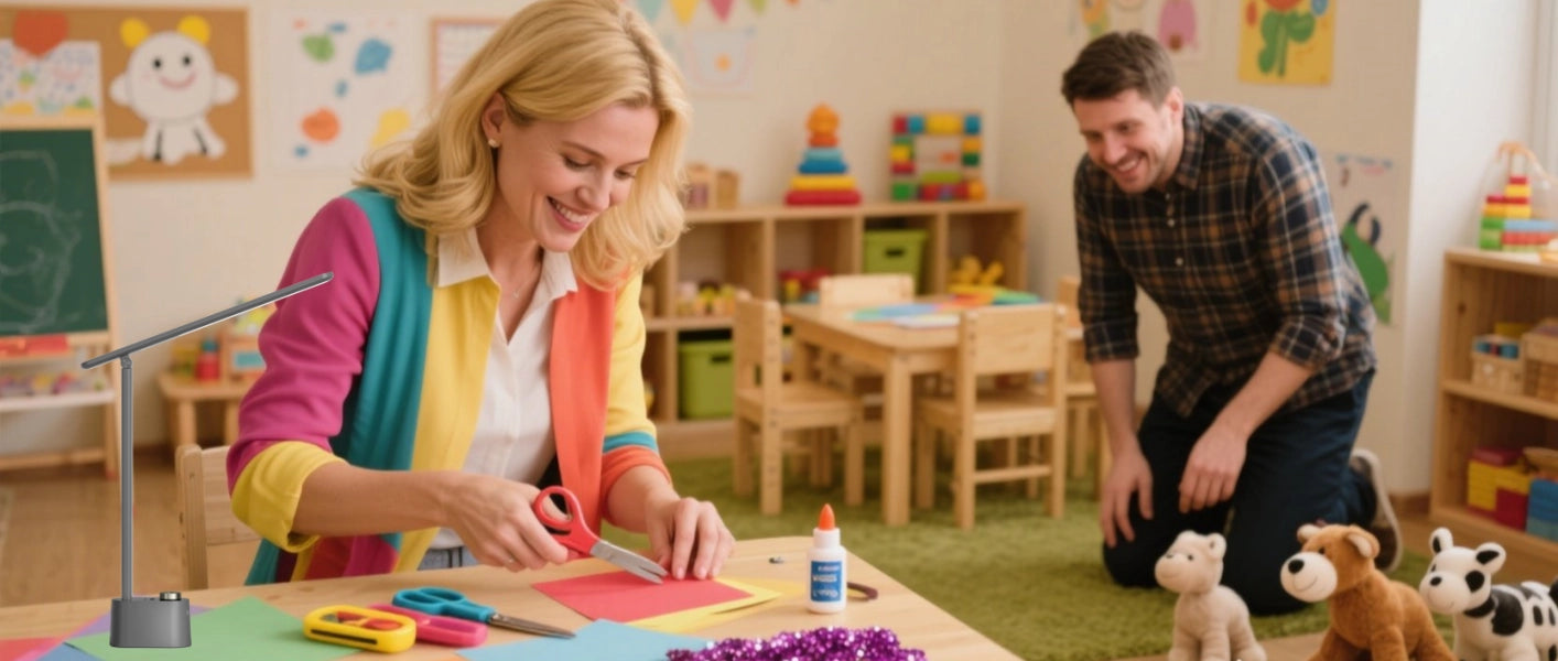Kindergarten teacher using warm, diffused light for creative planning