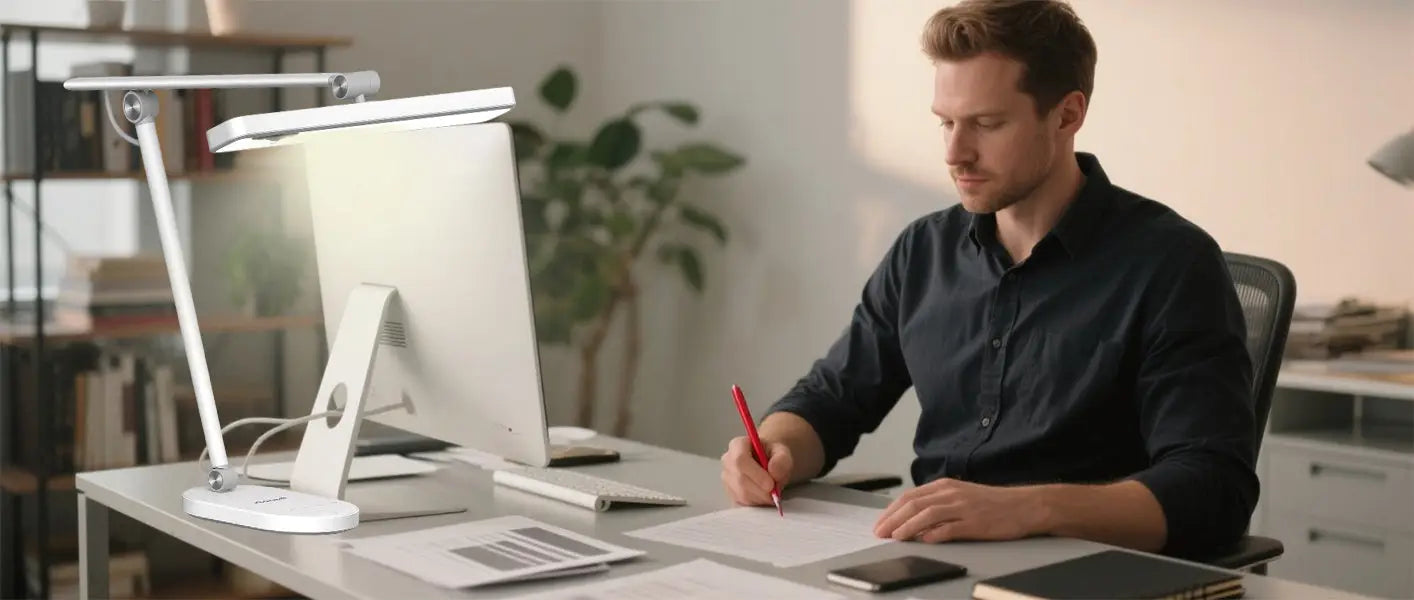 Editor reviewing printed manuscript under adjustable desk lamp