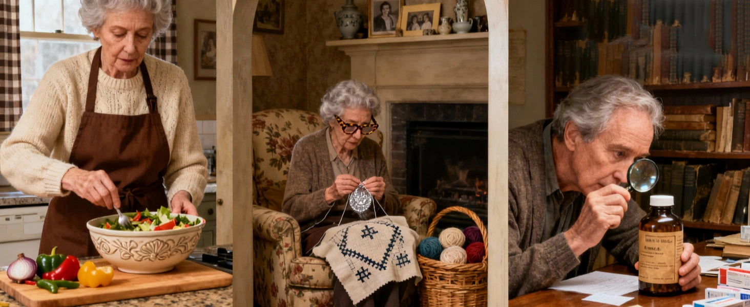 Seniorin liest bequem Zeitung unter einer sanft hellen Stehlampe im Wohnzimmer