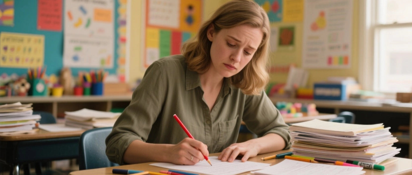 Elementary teacher using high CRI desk lamp for colorful student work