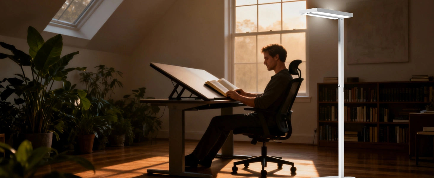 Homeoffice mit ergonomischer Stehlampe, die eine angemessene Arbeitsbeleuchtung bietet, um Augenbelastung und schlechte Haltung zu vermeiden