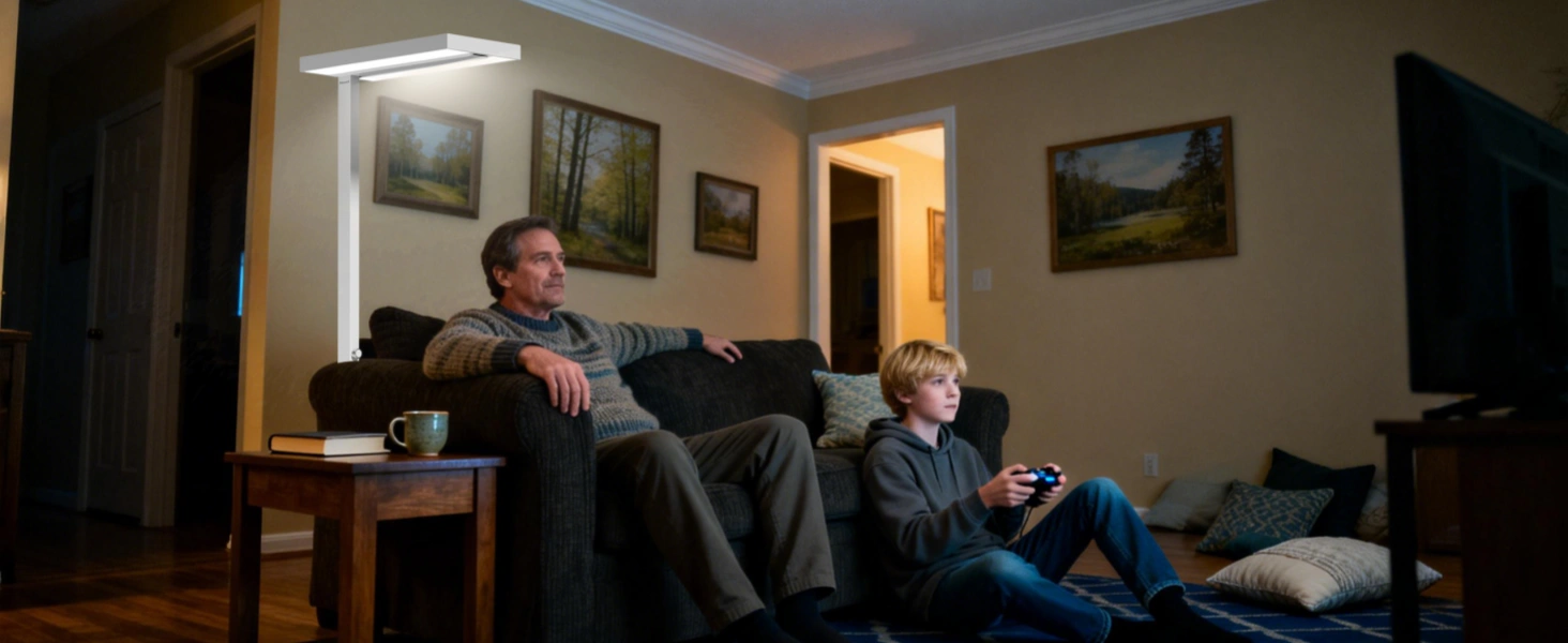 Ambiente acogedor nocturno con iluminación ámbar cálida para relajación y preparación para el sueño