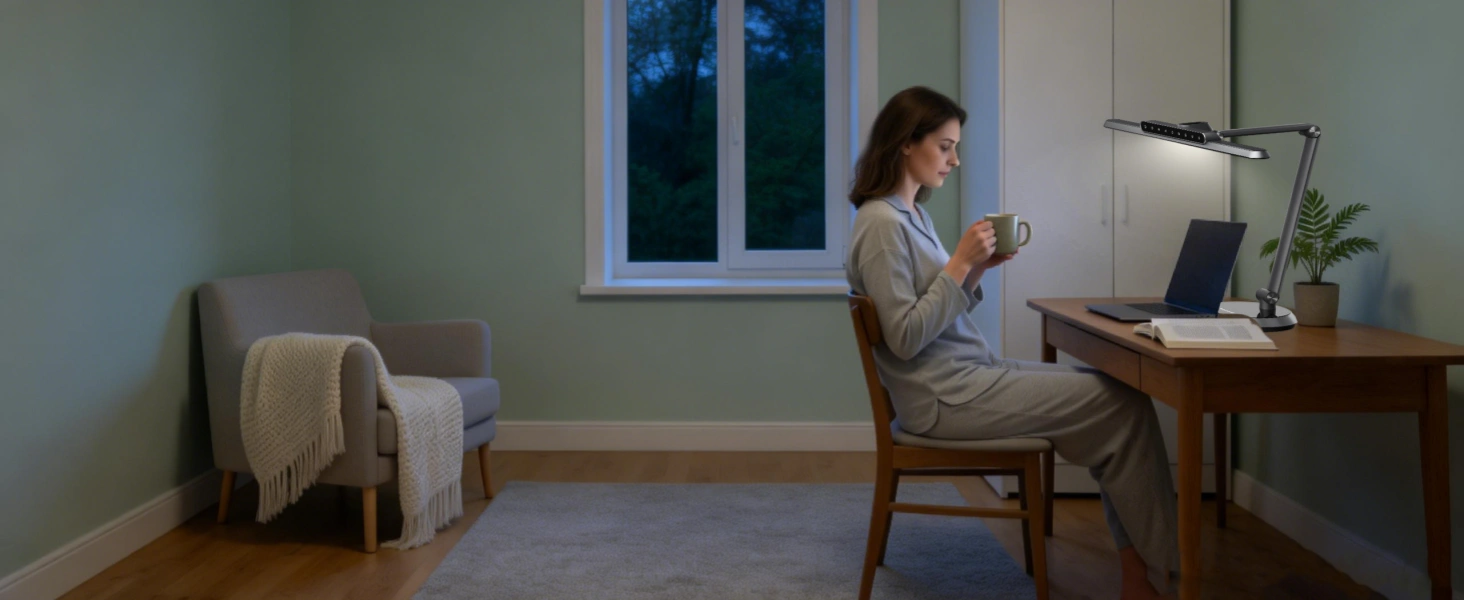 Transición a iluminación cálida vespertina en espacio de trabajo en casa que apoya el ritmo circadiano saludable para trabajadores remotos