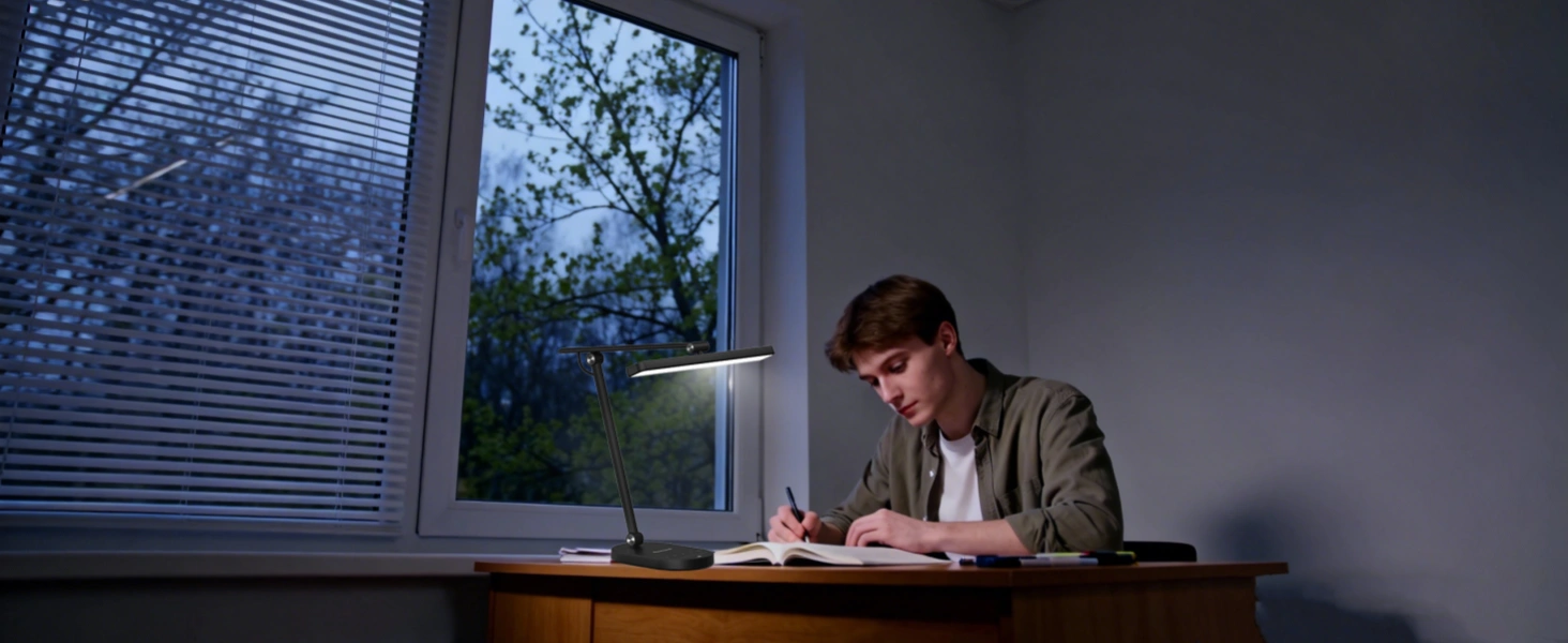 Dimmable desk lamp with brightness control for extended exam season study sessions