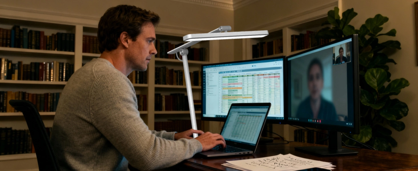 Professional video call setup with adjustable desk lamp reducing eye strain