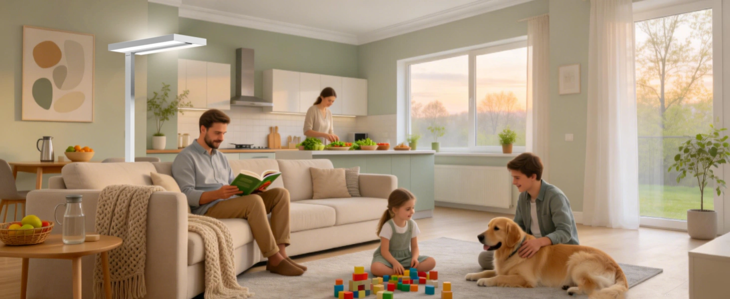 Familie versammelt sich am Esstisch unter gleichmäßiger 4000K Tageslichttemperaturbeleuchtung