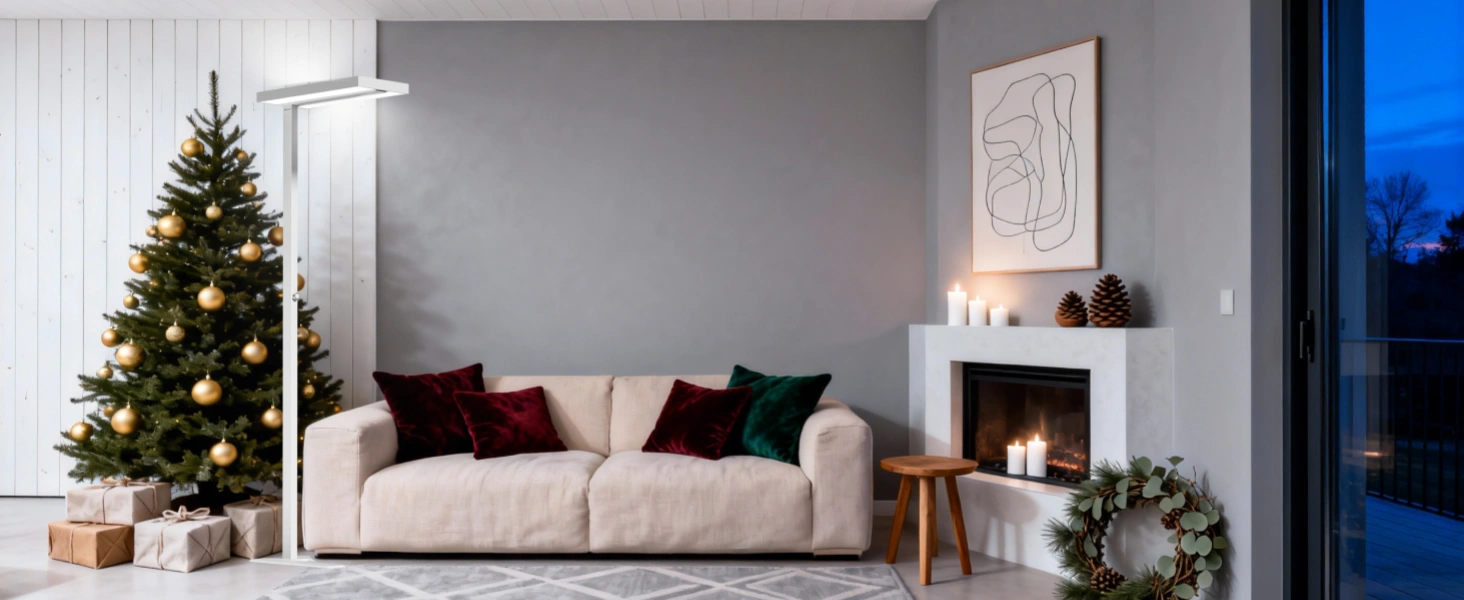 Safe Christmas home lighting setup with stable floor lamp near decorated tree in family living room