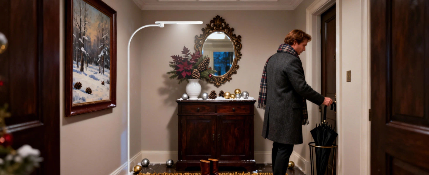 Entrada acogedora decorada para Navidad con lámpara de pie ambiental cálida y guirnalda festiva en casa nueva