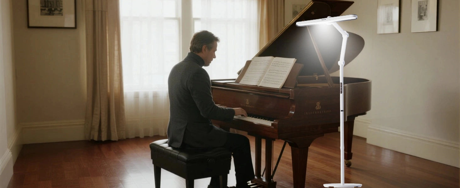 Music studio setup featuring Honeywell 05D01 flicker-free LED floor lamp for reduced eye strain