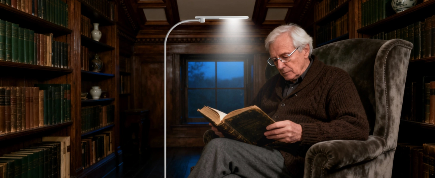 Älteres Paar liest bequem unter der flimmerfreien Honeywell-Lampe mit einstellbaren Helligkeitsstufen