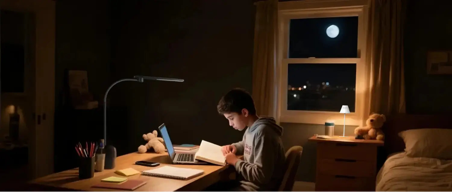 Well-lit American-style home office featuring both desk and floor lamps.