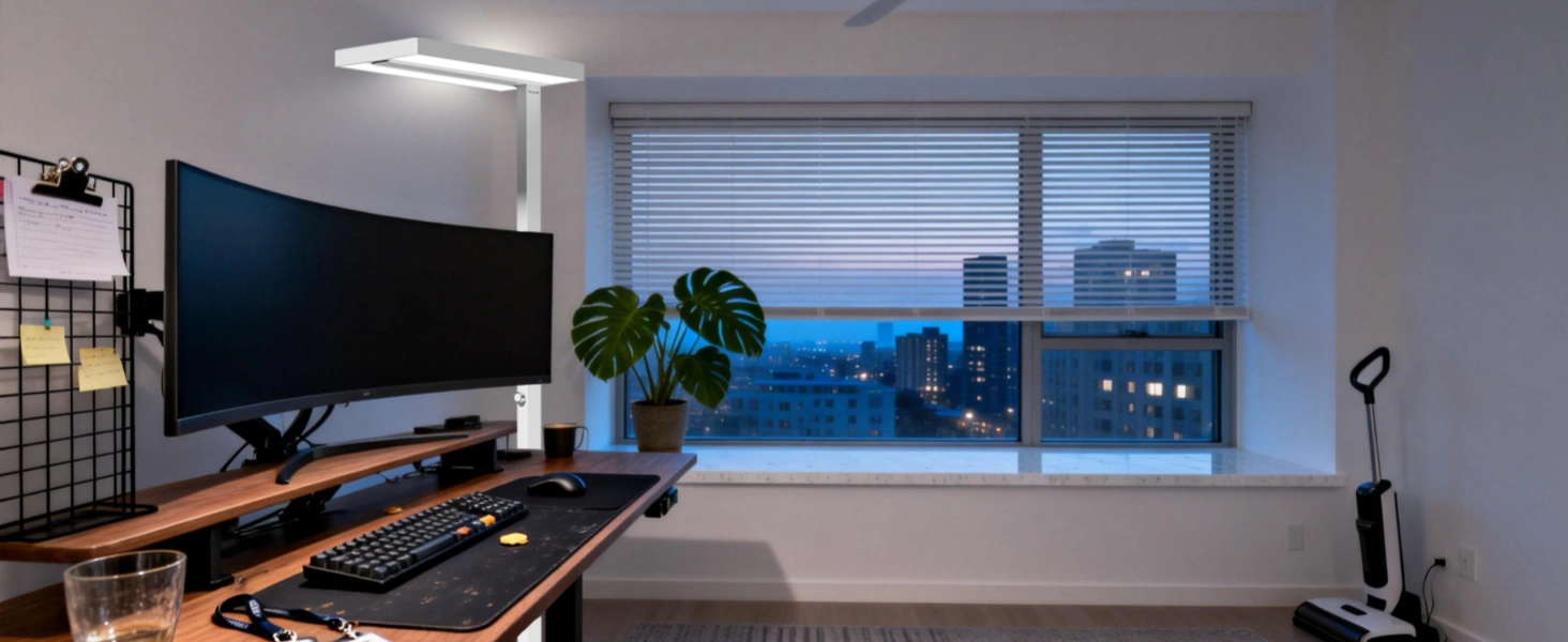 Flow state lighting setup in a home office featuring the Honeywell SmartLighting 02E