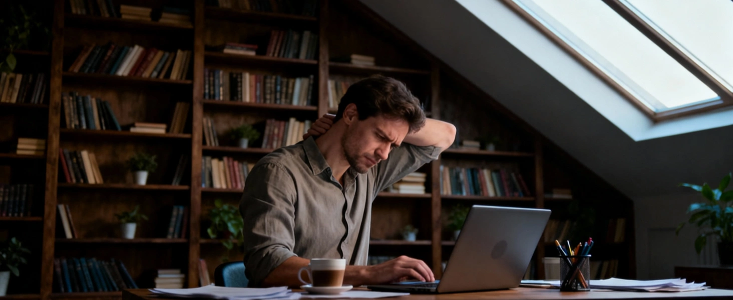 Diagramm, das zeigt, wie unzureichende Beleuchtung eine nach vorne geneigte Kopfhaltung verursacht und die Nackenbelastung beim Lesen erhöht