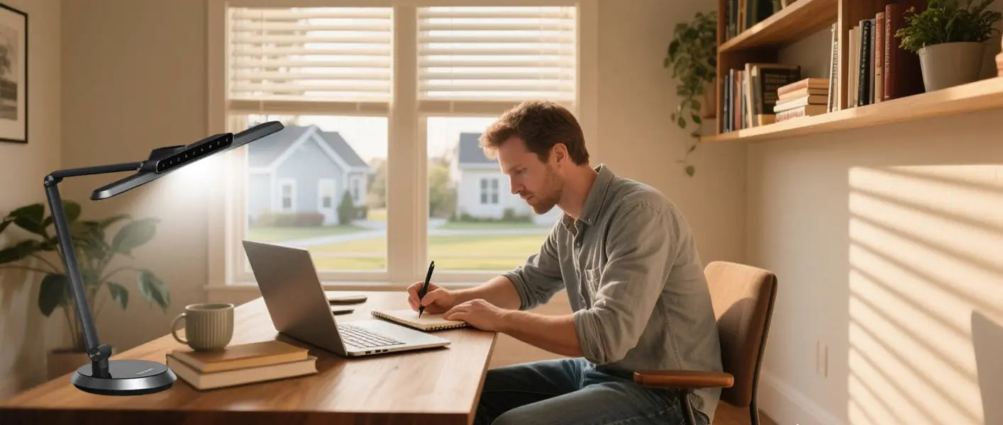 Copywriter brainstorming under warm ambient desk lamp
