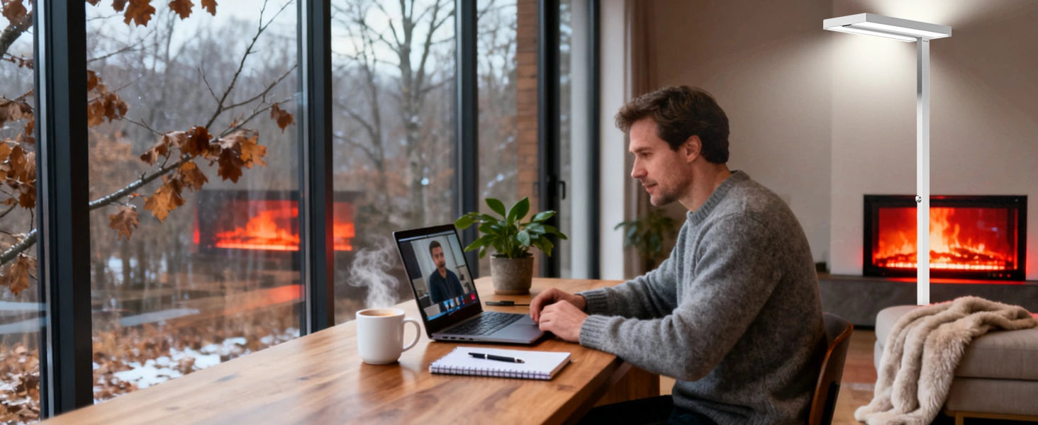 Cozy reading corner with Honeywell 02E floor lamp providing flicker-free full spectrum lighting for comfortable reading