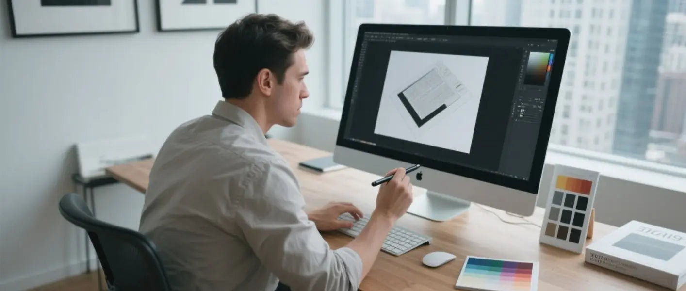 Graphiste professionnel travaillant à son bureau avec un éclairage de tâche optimal illuminant les échantillons de couleur et le moniteur