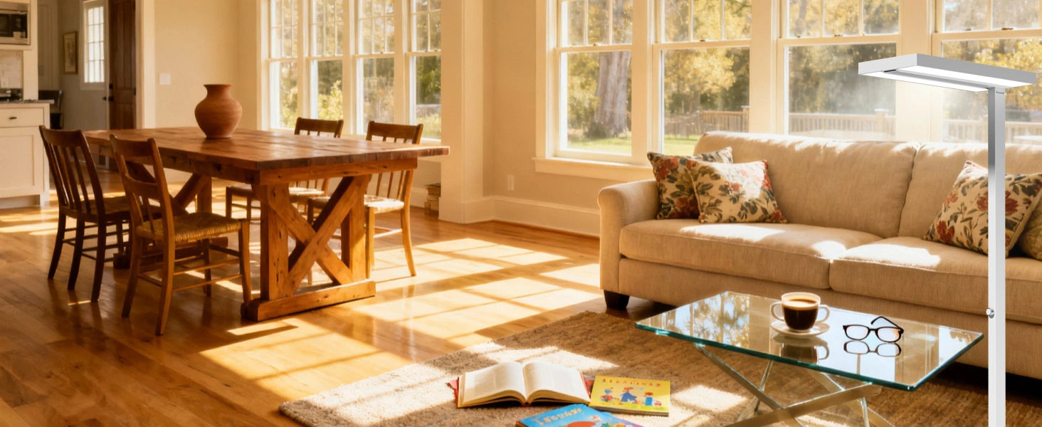 Hochlichtstarke Stehlampe, die ein 500 sq ft großes Wohnzimmer mit gewölbter Decke beleuchtet