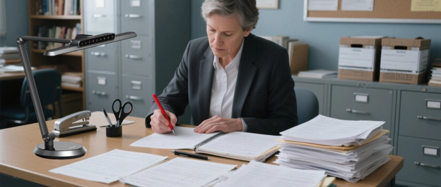 High school teacher grading papers under flicker-free desk lighting