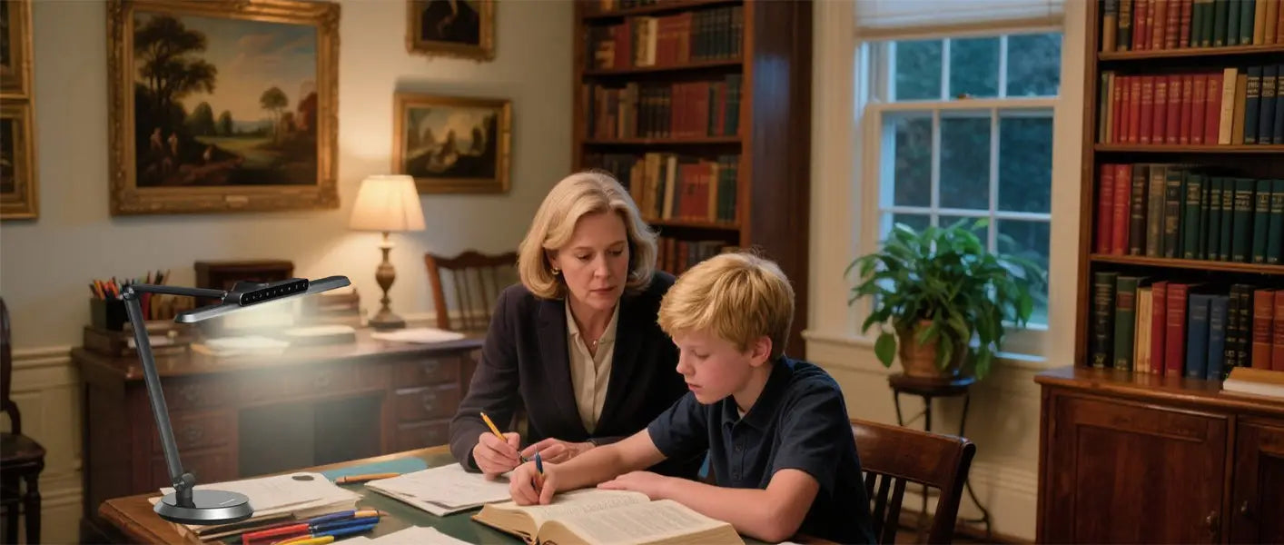 Home office desk with key, fill, and backlighting for balanced illumination