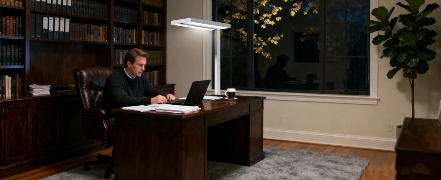 Espace de travail à domicile au printemps avec éclairage naturel et artificiel optimisé pour la productivité et le confort